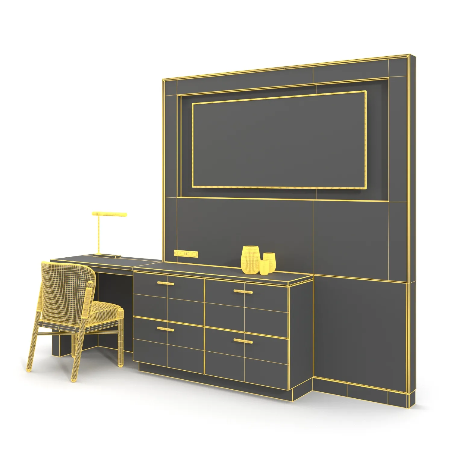 Tv Wall Panel With Dresser And Desk Combo 3D Model_07